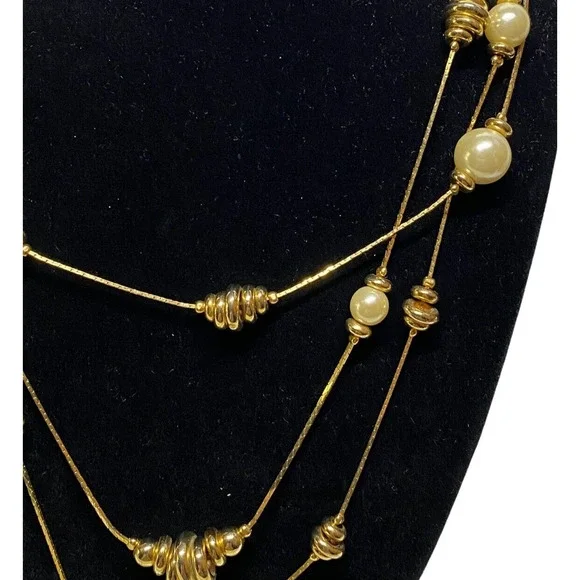 Vintage 70s Multi Strand Faux Pearl Gold Tone Bangle Beads Multi Chain Necklace - Picture 5 of 5